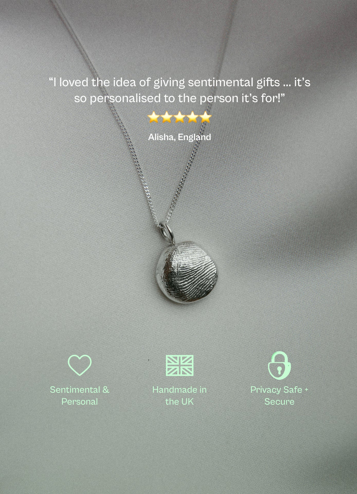 Five stars: silver fingerprint pendant on a chain, with a five-star review from Alisha, England